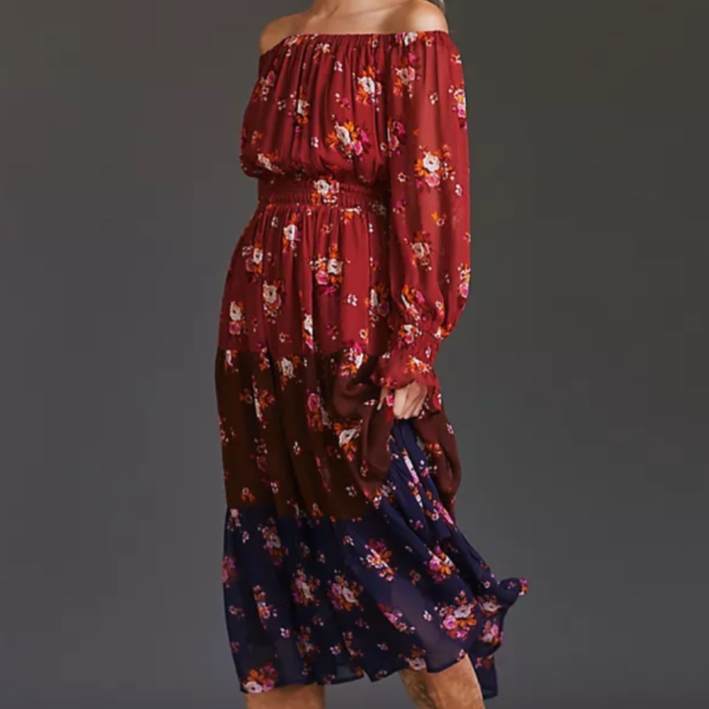 Anthropologie Off The Shoulder Maxi Dress Medium Red Blue NWT